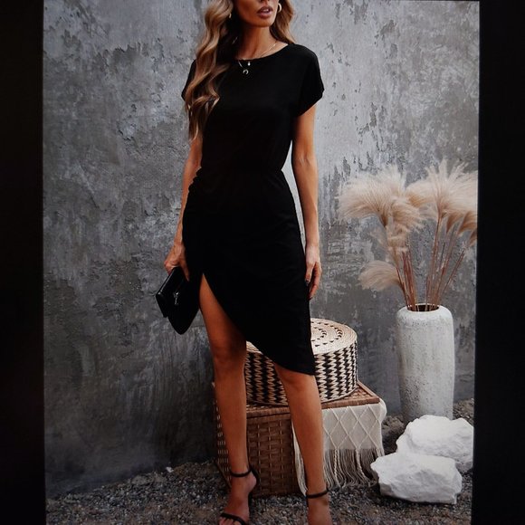 069. Black Side Shirring Short Sleeve Mini Dress Size S - Picture 3 of 13